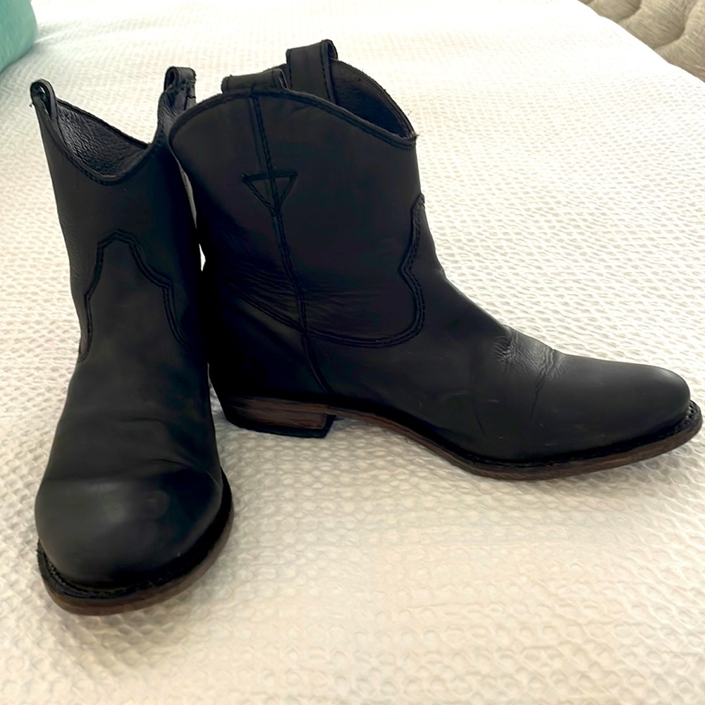 Liberty black leather boots; black distressed boots; size 6.5